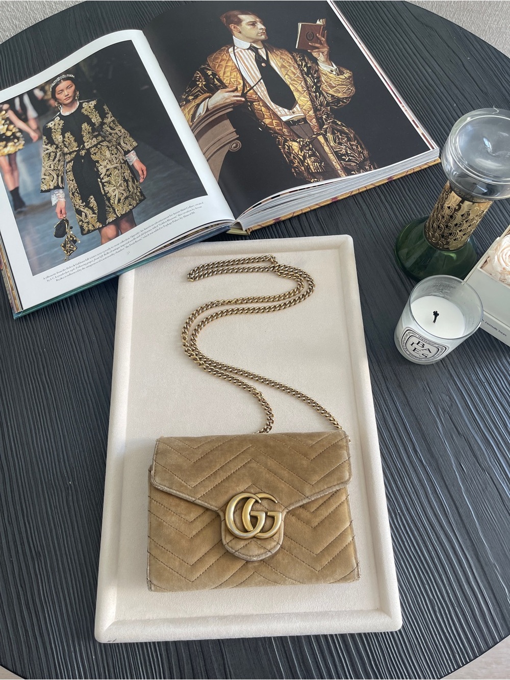 Gucci GG Marmont Velvet Chain Wallet Beige Taupe Chevron Quilted Crossbody Bag